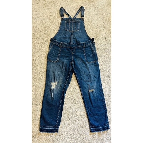 Maternity Distressed Denim Bib Overalls Stretch Side Zips Torn Rip Boho Large L - Picture 1 of 6